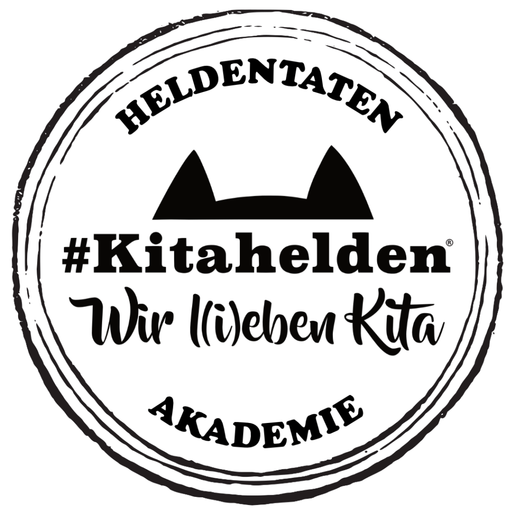 Prägestempel-Logo der Heldentaten Akademie: #Kitahelden – Wir l(i)eben Kita